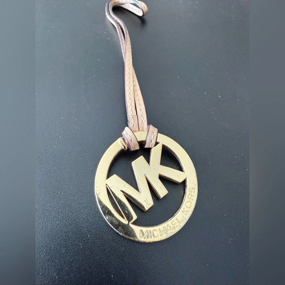 Michael Kors Gold Tone MK Logo Keychain with Tan Leather Strap
